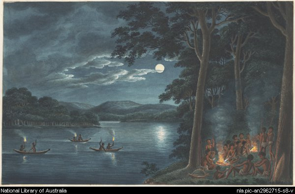 Aborigines Fishing by Torchlight on Lake Macquarie and Cooking Fish on Campfires. Joseph Lycett c1817. NLA